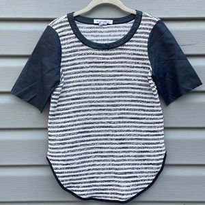 BCBG Striped Leather Sleeve Knit Top